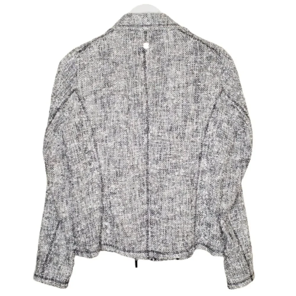 Makenji Womens Size 12 Black and White Medium Tweed Moto Long Sleeve Jacket